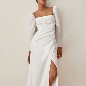 Reformation White Ruched Gown with Puff Sleeves